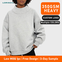 Sweat à capuche col montant 100 % coton LORISOW, personnalisable, pour femme, coupe oversize, 350 GSM, avec logo sur mesure, style streetwear