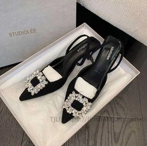 Sandales à talons courts pour femmes, à bout pointu, avec boucle en cristal et strass, style slingback - Product Image 3
