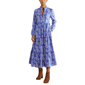 Женское летнее платье-макси из мягкого хлопка с длинным рукавом и V-образным вырезом