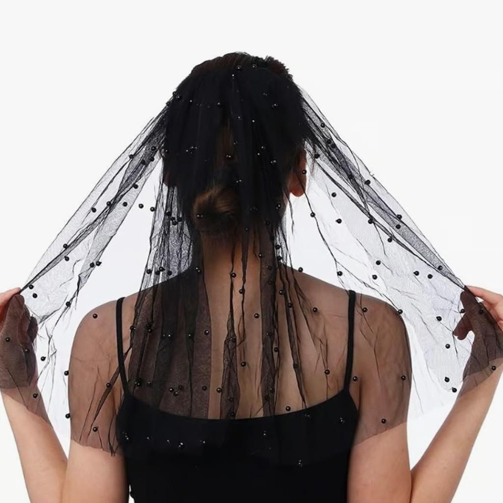 Black veil with pearls