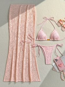 Floral Crochet 3 Piece <b>Bikini</b> Set Triangle Halter Tie-Side Swimsuit Maxi Cover-Up <b>Skirt</b> Women Beach Front Quick-Dry Wholesale - Product Image 4