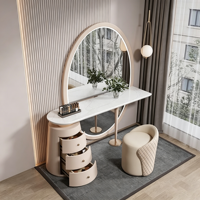 Champagner-Beige Marmor-Waschtisch-Set mit LED-Beleuchtung, Großem Ovalem Spiegel, 3-Schubladen-Schrank und Gestepptem Hocker für Schlafzimmer-Dekoration