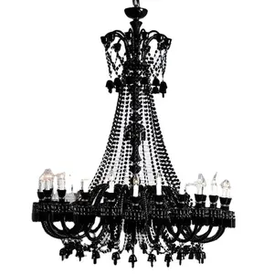 Düğün için büyük siyah kristal avize 24 ışıkları dekoratif cam lüks büyük kolye ışık otel lobisinde avizeler