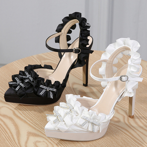 Light Luxury Rhinestone Bow Super Beautiful Fungus Lace Sardines <b>Pointed</b> Waterproof Platform High Heel Wedding Shoes Dress Shoes - Product Image 6