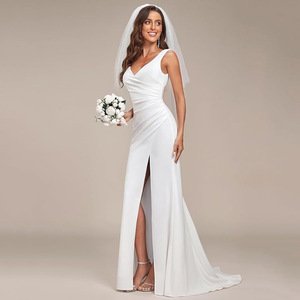 White Halter Neck Sheath Wedding Dress With Slit And Fishtail Skirt For Banquet Events - Product Image 1