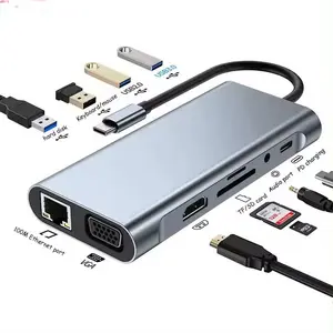 Adaptador Rj45 USB Tipo C Hub 11 en 1 Acoplamiento 1080P 4K MD VGA Gigabit Ethernet C SD TF 11 en 1 USB C Hub