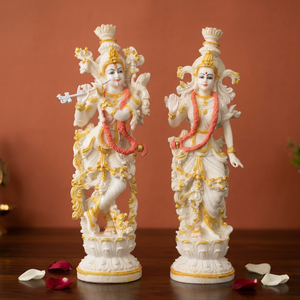 Statue de Radha Krishna en résine de marbre de Nirmala Handicrafts |   Idole de dieu hindou traditionnelle en or blanc, faite à la main |   Décoration d'intérieur - Product Image 2