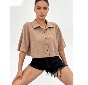 Kemeja Pendek Wanita Model Kerah Turun Kancing Saku, Gaya Kasual Slim Y2K Warna Solid, Atasan Blus Kantor Model Crop untuk Musim Panas - Product Image 5