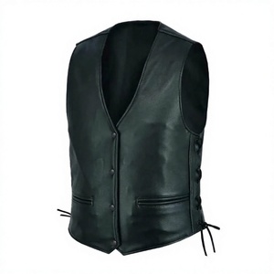 Chaleco de Cuero Genuino para Hombre con Cuello Mandarín, Cordones Laterales Ajustables, Corte Ajustado, Estilo Biker, Ropa de Invierno - Product Image 1