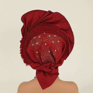 Pañuelo para la Cabeza Africano Musulmán de Lujo para <span class=keywords><strong>Mujer</strong></span>, Modelo 2025, Estilo Nigeriano Aso Oke, Pre-Hecho, Liso con Pedrería, Ajustable - Product Image 3