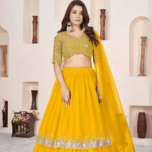 Lehenga Choli Amarillo Fluido y Moderno, Confeccionado en Georgette Suave, con Bordado de Lentejuelas Plateadas, Agrega un Brillo de Elegancia Real, Ideal para Bodas - Product Image 1