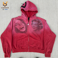 Sudadera con capucha personalizada de algodón 100% de 420GSM de alto gramaje, con cremallera completa, lavado vintage, corte holgado para hombre, estampado DTG de retrato