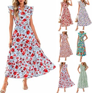 Robes midi imprimées à manches volantées et col en V pour femmes, tendance - Product Image 1