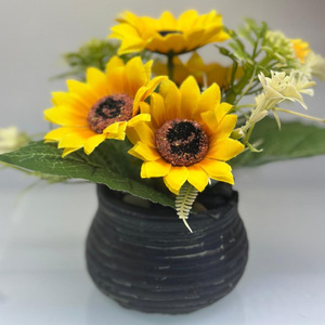 Bouquet de fleurs artificielles en soie Jinhe, tournesols, 20 cm, pot en ciment, décoration pour salon et table à manger - Product Image 1
