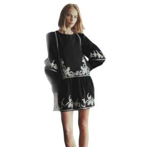 2026 Spring New Black French Niche Midi Embroidered Crew Neck Puff Sleeve Washable <b>Loose</b> & Flattering Fit <b>Dress</b> - Product Image 1