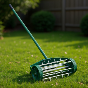 Aérateur de pelouse manuel de 18 pouces, vert foncé et argenté, outil de jardinage à roulettes pour aérer les pelouses - Product Image 2