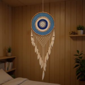 Attrape-rêves Angelina bleu 40x100cm avec plumes, décoration murale, design mandala bohème - Product Image 2