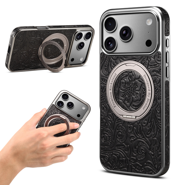 Denior Genuine Leather Vintage Printed Magnetic Rotating Ring Gear Stand Phone Case Compatible with iPhone 17/16/15/14/13 Series
