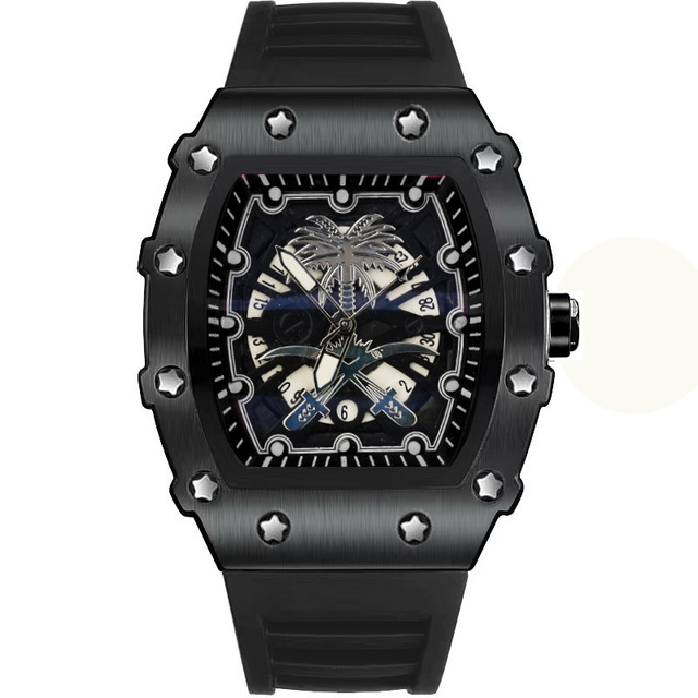 ZIDO Men's Tonneau Sport Watch, Brushed Case, Palm Tree & Cross Sword Design, Silicone Strap, Trendy Hip-hop Style Wristwatch