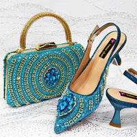 Ensemble de chaussures compensées slingback et sac à main en cristal bleu pour femme, de luxe, pour soirées et fêtes, automne hiver été, léger, avec doublure en maille épaisse