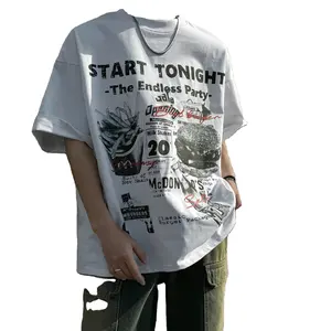 Camiseta de manga curta estampada retrô com desenhos animados para homens e mulheres, modelo chave de verão em algodão com gola redonda, tendência de rua