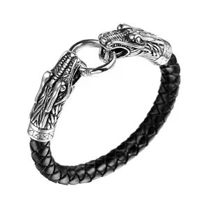 Đôi Rồng Nhà Máy Thời Trang Thiết Kế Thép Không Gỉ Punk Viking Rune Sóng Da Vòng Đeo Tay Cổ Điển Bangle Cho Nam Giới Cá Nhân