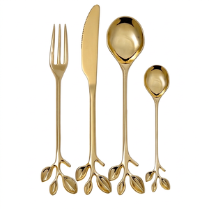 Ensemble de couverts en acier inoxydable plaqué or avec motif feuille, manche long, vaisselle élégante pour mariage, style glamour - Product Image 1