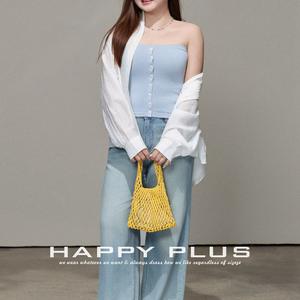 Ensemble décontracté tricoté pour femme grande taille, couleur unie bleu rêve, avec bretelles, jean bleu clair et chemise blanche N9335 - Product Image 4