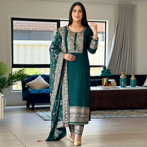 Ensemble Salwar Kameez vert brodé tissé élégant et uni, longueur genou, pour femme, en rayonne, avec Kurti, pantalon et Dupatta, tenue de mariage et de fête - Product Image 1