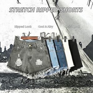 Shorts en jean déchirés vintage pour femme, taille élastique, grande taille, en coton, personnalisables, vente en gros - Product Image 2