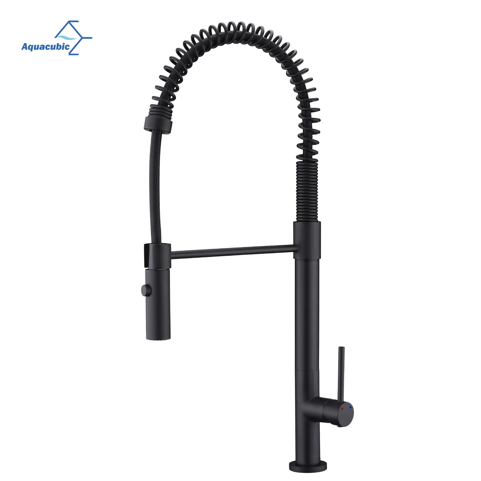 Aquacubic Matte Black Solid Brass Single Lever Pull Down Sprayer Spring Kitchen Sink Faucet for RV, Laundry, Bar