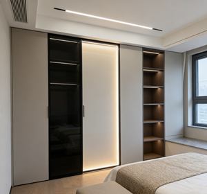 Armario de Piso a Techo Moderno y Lujoso Personalizado BALOM con Puerta de Vidrio Negro y Banco de Almacenamiento Integrado - Product Image 6