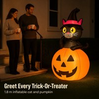 Halloween Aufblasbare Plastik-Schwarze Katze auf Kürbis mit LED-Lichtern für Außenbereich Garten & Hof Feiertagsdekoration