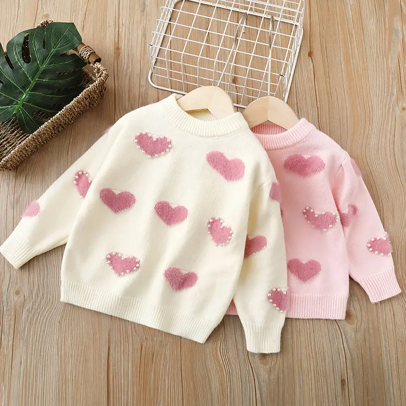 Moda niñas cárdigan suéter bebé niña perla melocotón corazón botón suéter Top otoño princesa al aire libre estudiante niños suéter