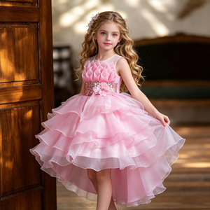 Robe de demoiselle d'honneur rose en organza, robe de bal à col rond, robe de princesse pour enfants avec étiquette - Product Image 2