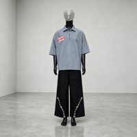 Polo en denim rayé 330g à col zippé, manches courtes, style vintage oversize, brodé, formel