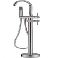 Robinet de baignoire autoportant à 2 poignées en laiton avec finition nickel brossé et douchette à main fixée au sol
