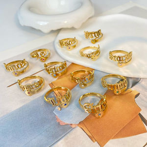 Nueva letra abierta retro <span class=keywords><strong>amor</strong></span> circón incrustaciones de acero inoxidable chapado en oro doce conjunto anillo joyería ajustable - Product Image 2
