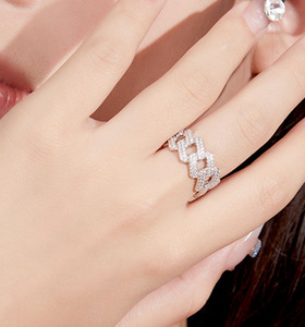 S925 Sterling <b>Silver</b> Moissanite Paved Cuban Link <b>Ring</b> Hip Hop Interlocking Chain Stackable Finger Jewelry For <b>Men</b> Women - Product Image 6