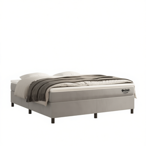 Base de Cama Tapizada en Tela Gris Claro, Diseño Minimalista, Estructura de Madera - Product Image 1