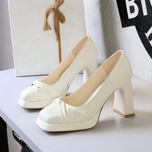 Womens Beige Block Heel <b>Pumps</b> Platform Square Toe High Heels on Formal Shoes for Office Party Wedding With Comfort Ins - Product Image 2