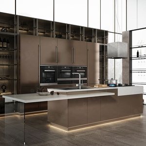 SUOFEIYA Modern Island Kitchen Designs Complete Metal Laminate Glossy Kitchen Cabinets Supplier