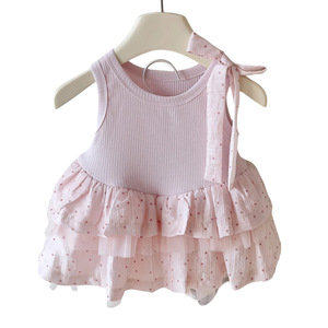 Grazioso <span class=keywords><strong>Vestito</strong></span> Rosa Senza Maniche per Bambine con Orlo Multistrato in Tulle a Pois, Stile Principessa con Laccetti per Bimbe Piccole - Product Image 3