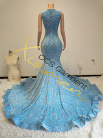 Robe de soirée scintillante à paillettes Ocstrade, sans manches, col rond, bleu, maxi, robe de bal élégante