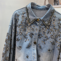 Chemise-robe en jean pour femme, style vintage décontracté, coupe ample, respirante, longue, avec boutons, motifs à pois, sequins audacieux et perles en forme de losange