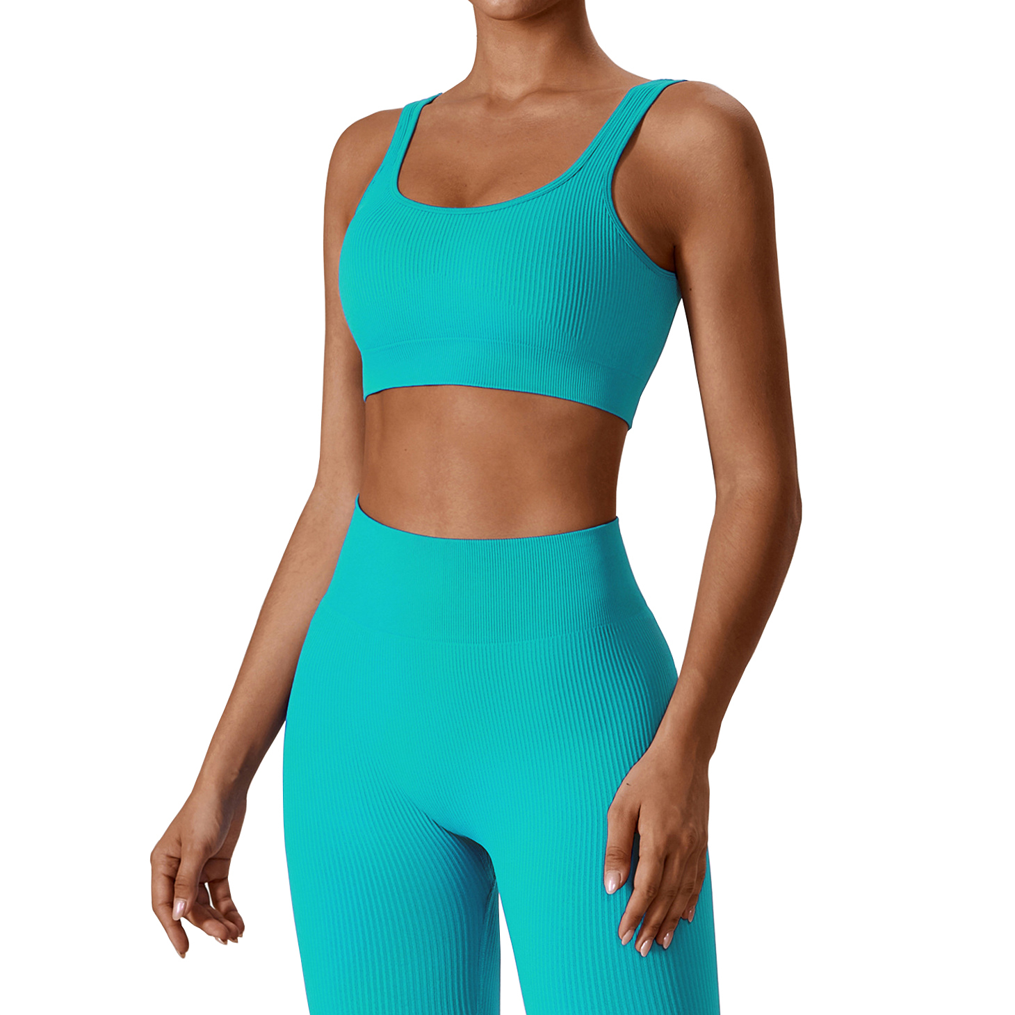 Seamless Ribbed Breathable Lightweight Drawstring Solid 2 Piece Sport Bra High Waist Yoga Leggings Workout Sets for Women