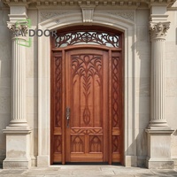 Porta d'Ingresso Singola in Legno Massiccio Intagliato con Vetro Decorativo Arcuato e Luci Laterali, Personalizzabile e Resistente