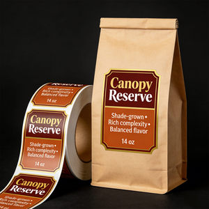 Autocollants enroulables imperméables personnalisés, étiquettes en vinyle pour les sacs de café, les torréfacteurs et les emballages de produits de café pour les magasins de détail - Product Image 1