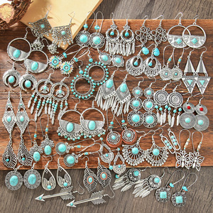 Bohemia Style Silver Plated Turquoise <b>Tassel</b> <b>Earrings</b> Women's Everyday Wear Cultural Jewelry Set - Product Image 1
