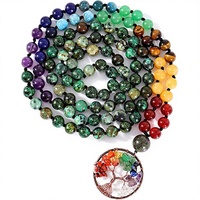 Collier Arbre de Vie 7 Chakras en Laiton Bohème, Perles de Prière Malabar Nouées à la Main, Véritable Gemme de Guérison, Yoga et Méditation, Cadeau